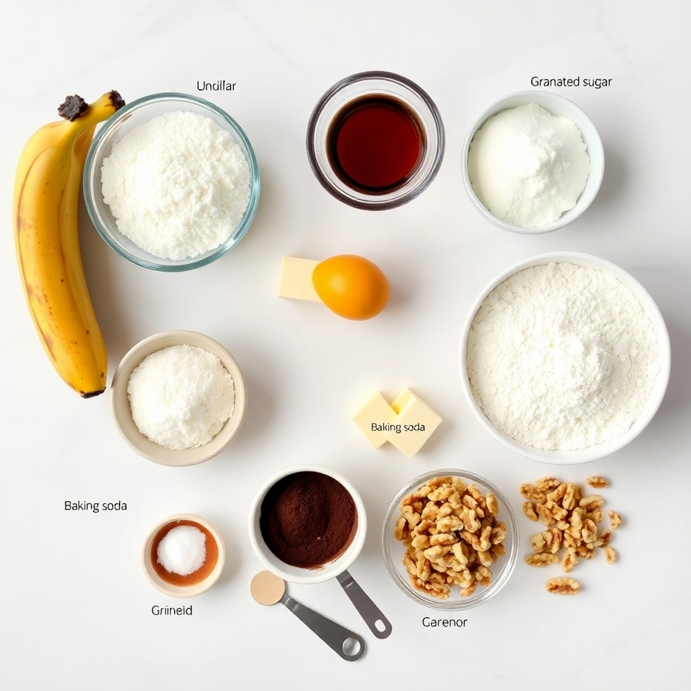 Banana Bread Brownies ingredients on a white marble surface