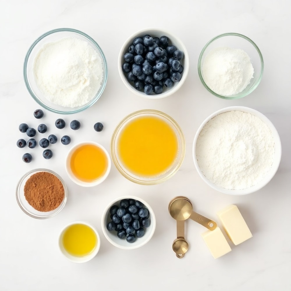 Blueberry Cinnamon Rolls ingredients on a marble counter