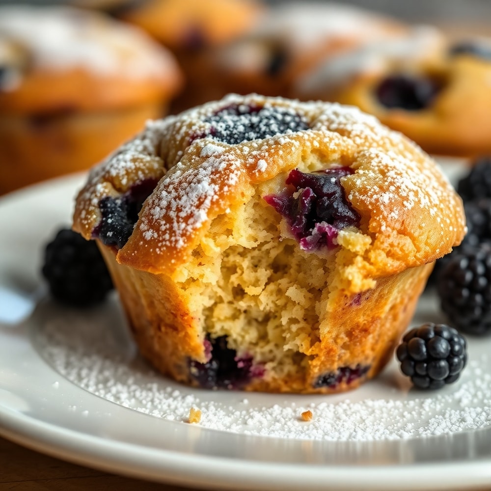 Plated blackberry muffin with a sprinkle of powdered sugar