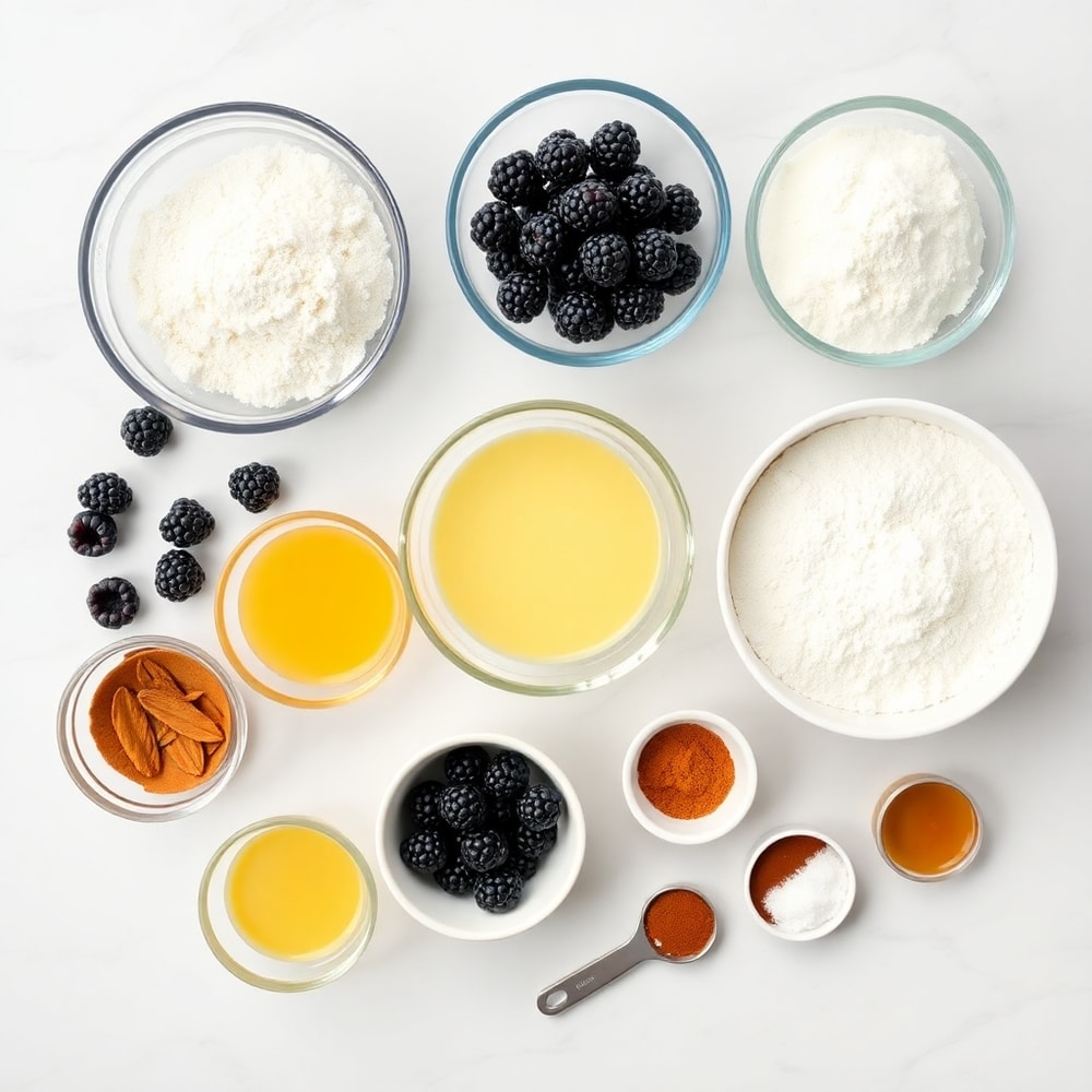 Raw ingredients for blackberry muffins including blackberries, flour, sugar, and eggs