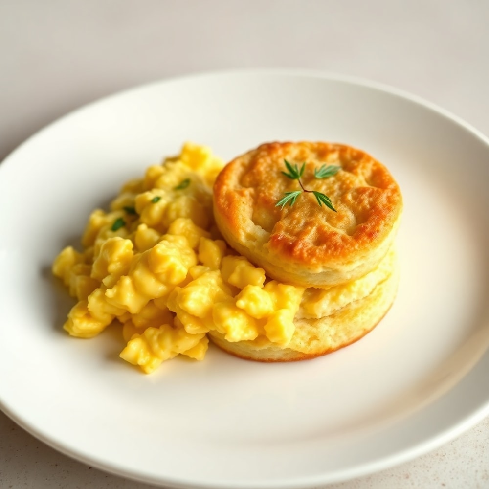 Plated protein biscuit with a side of scrambled eggs