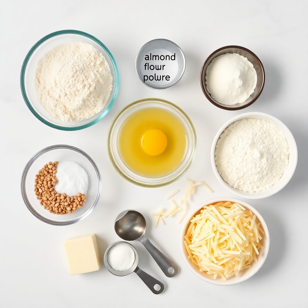 Protein powder, almond flour, baking powder, salt, egg, butter, and shredded cheese
