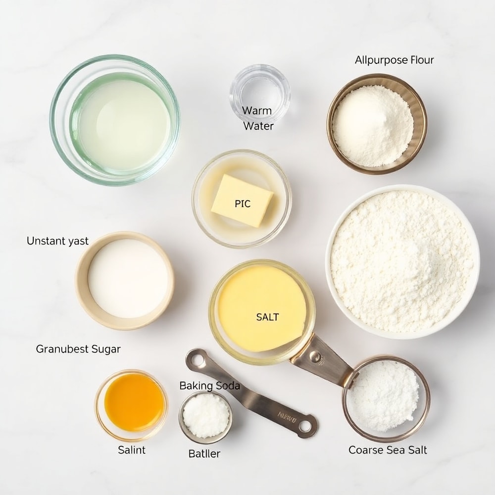 Ingredients for Buttery Soft Pretzel Bites on a marble surface