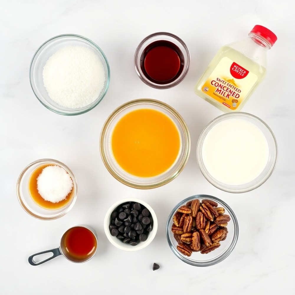 Ingredients for Caramel Crush Bars on a marble surface