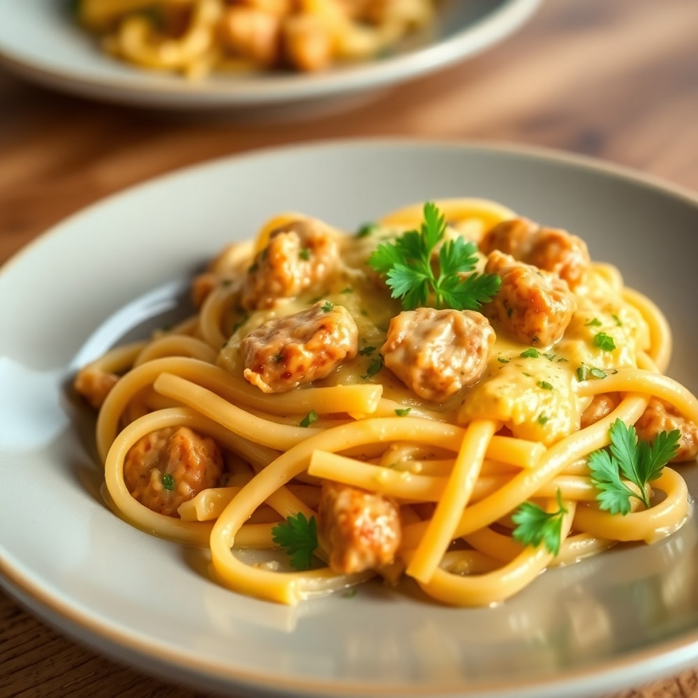 Plated serving of Cheesy Chicken and Sausage Pasta, garnished with fresh parsley