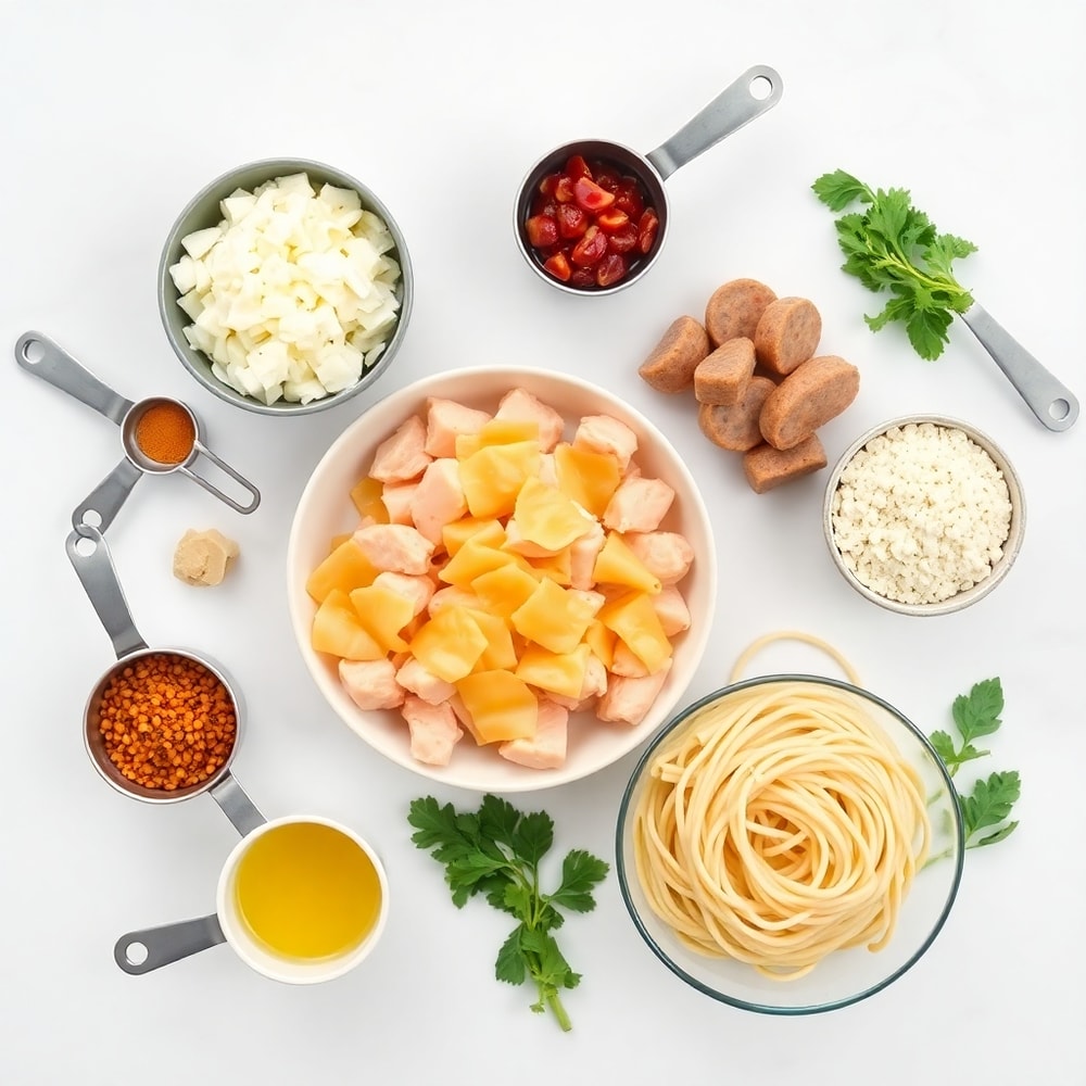 Raw ingredients for Cheesy Chicken and Sausage Pasta laid out, measuring spoons visible