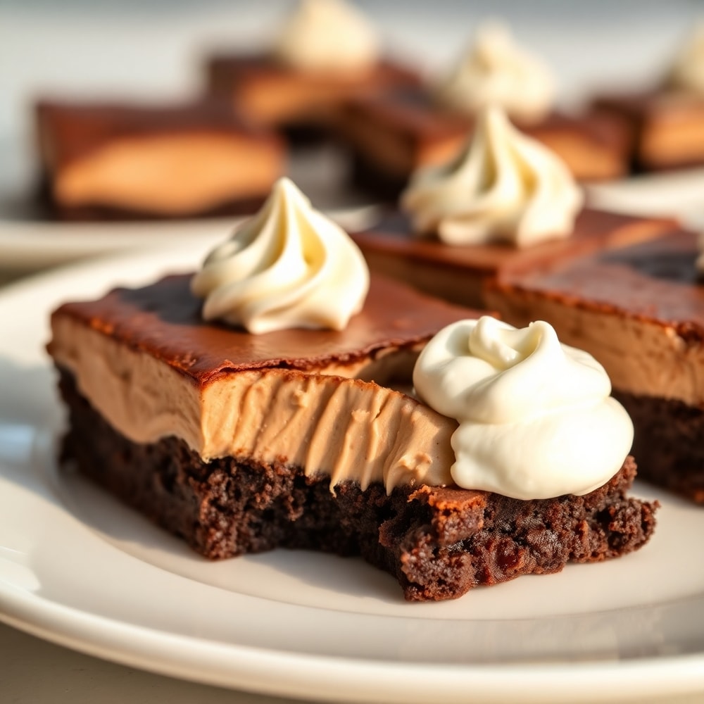 Chocolate Mousse Brownies plated with a dollop of whipped cream