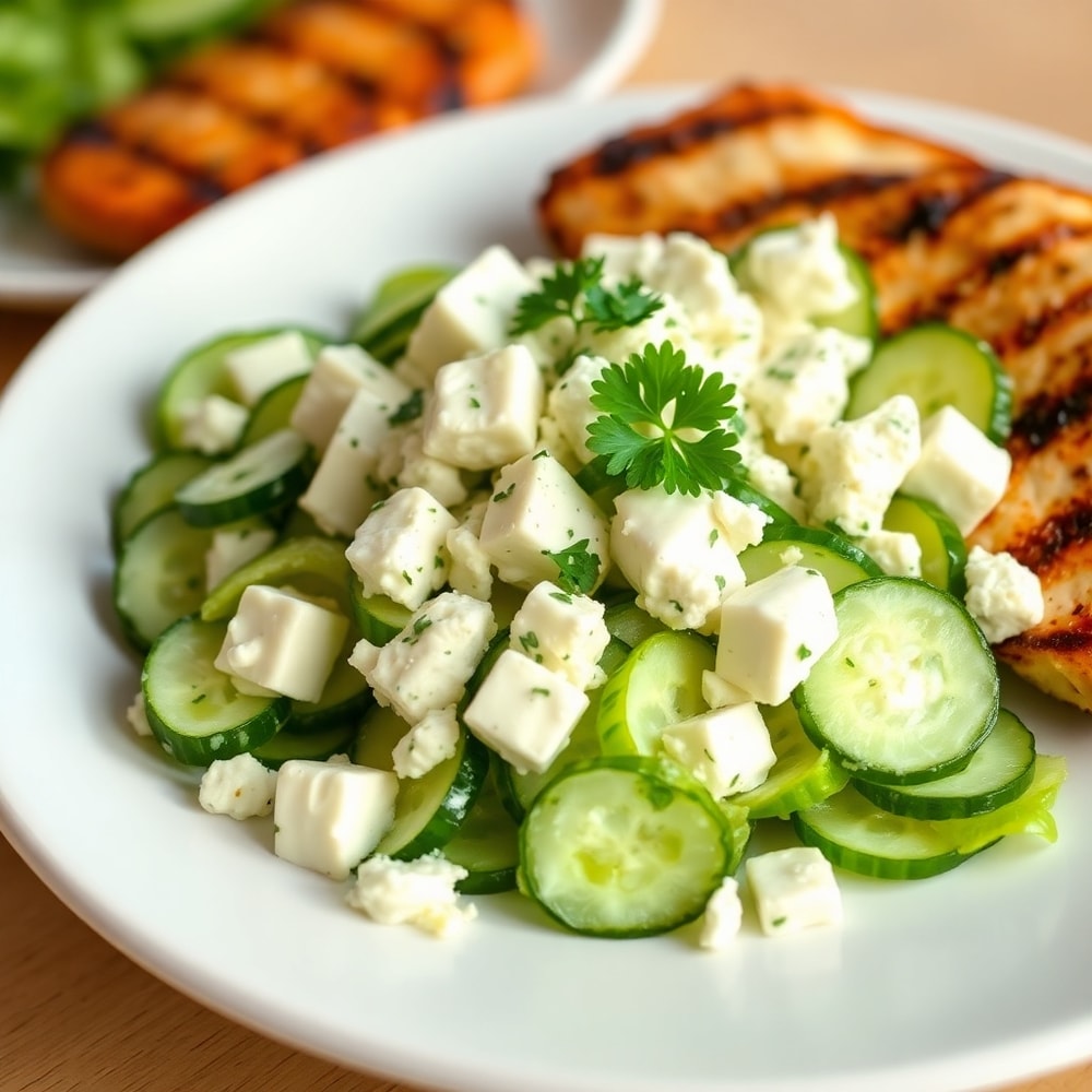 Plated Classic Cucumber Feta Salad with fresh parsley and a side of grilled chicken