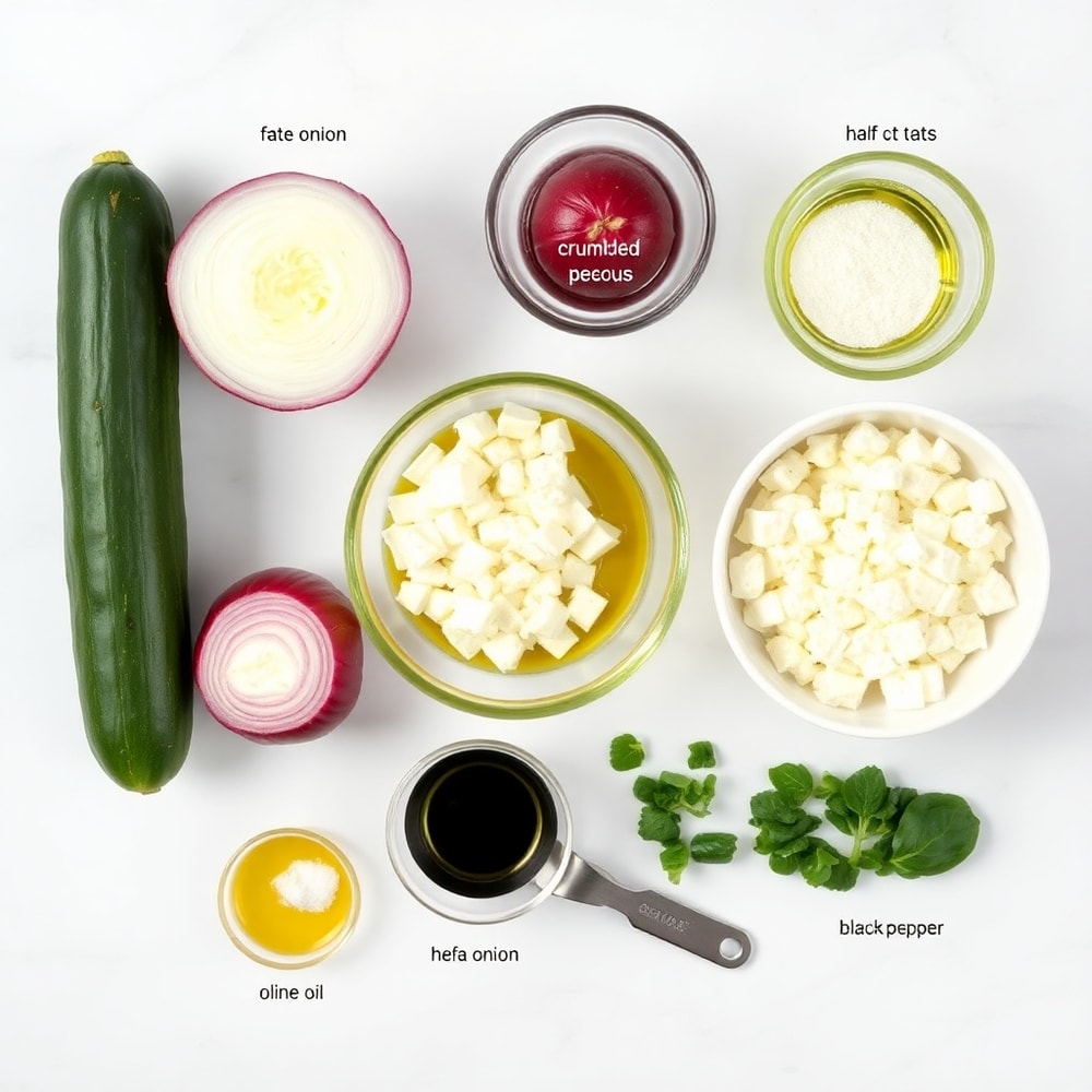 Raw ingredients for Classic Cucumber Feta Salad: cucumbers, red onion, feta, olive oil, vinegar, salt, and pepper