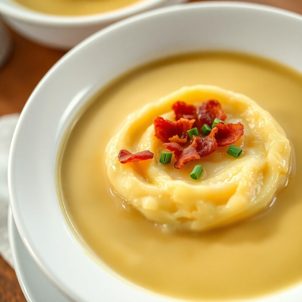 Baked Potato Soup served in a bowl with crispy bacon and chives