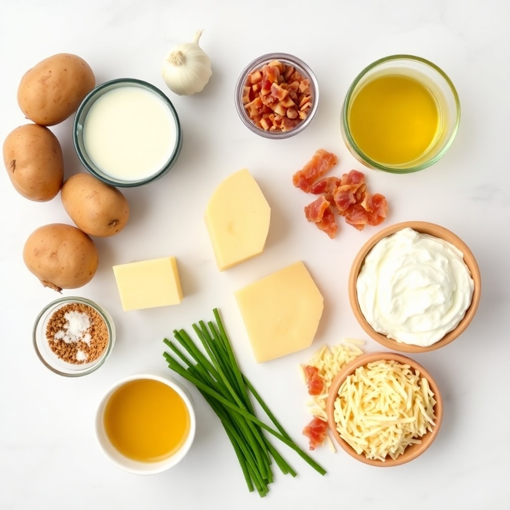 Raw ingredients for Baked Potato Soup: potatoes, onions, garlic, butter, milk, etc.