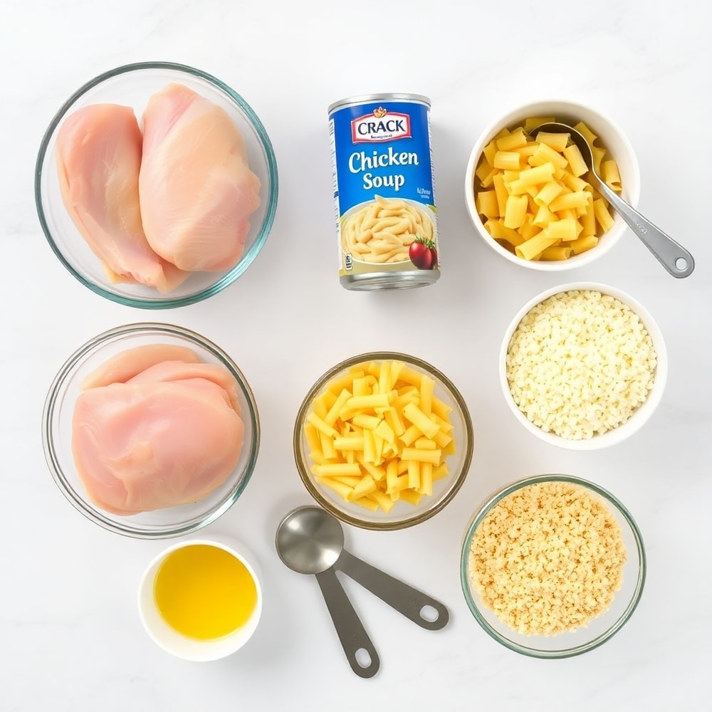 Raw ingredients for Crack Chicken Pasta — Creamy Chicken Noodle Bake