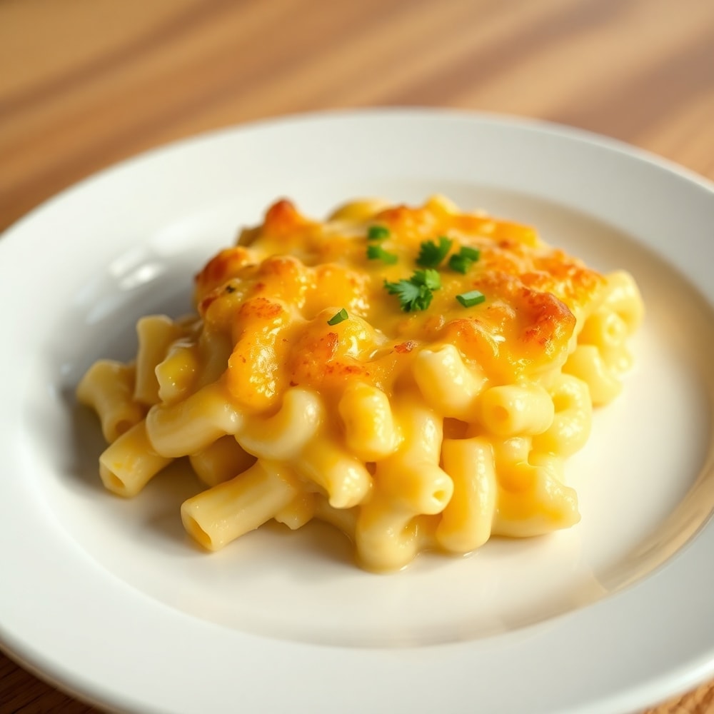 A serving of creamy baked macaroni and cheese on a plate