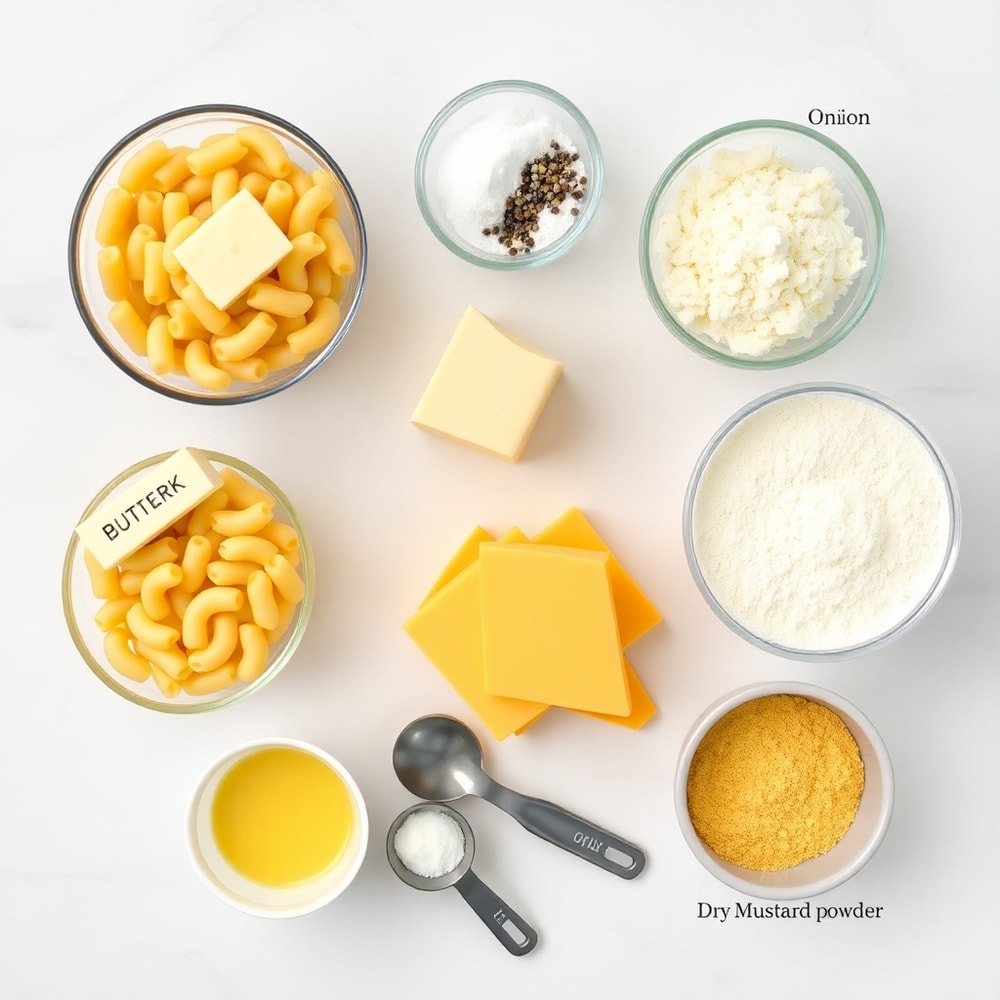 Raw ingredients for creamy baked macaroni and cheese