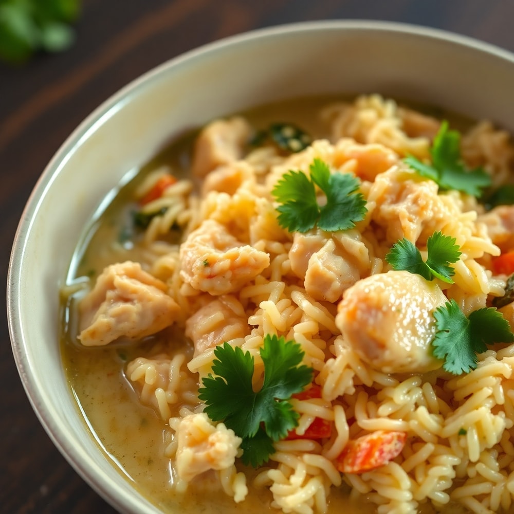 A bowl of creamy coconut chicken brothy rice garnished with fresh cilantro