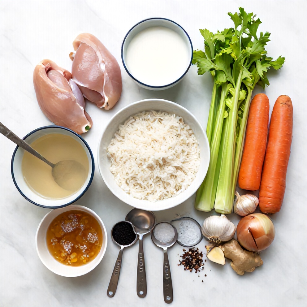 Raw ingredients for creamy coconut chicken brothy rice laid out on a white marble surface