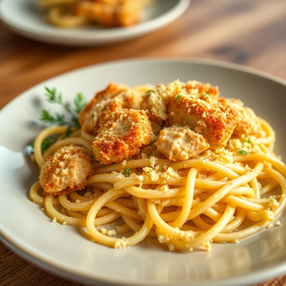 Plated creamy crack chicken pasta with garlic parmesan breadcrumbs