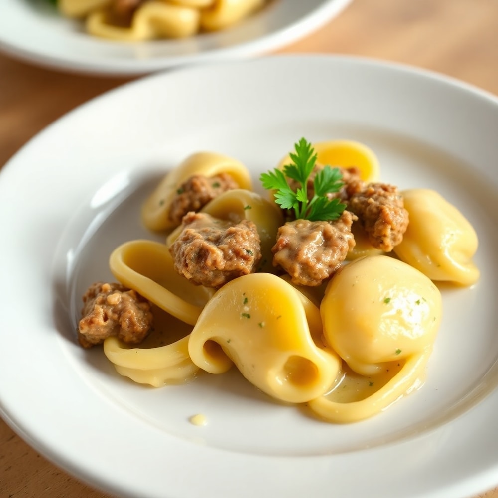 One perfect plated serving of Creamy Cracked Garlic Steak Tortellini on a white plate, garnished with fresh parsley, warm side lighting