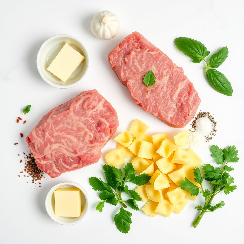Raw ingredients for Creamy Cracked Garlic Steak Tortellini arranged in an overhead flat lay, bright even natural light, white marble surface