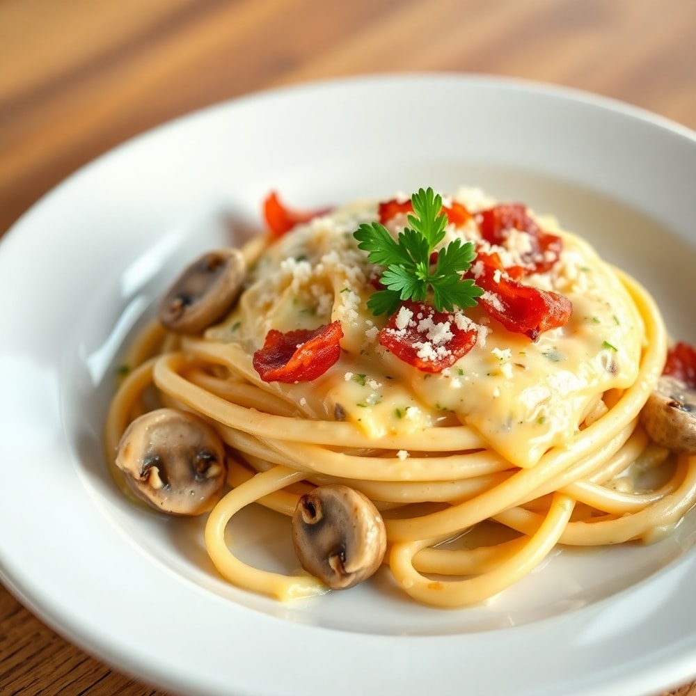 Plated serving of Creamy Italian Mushroom Carbonara