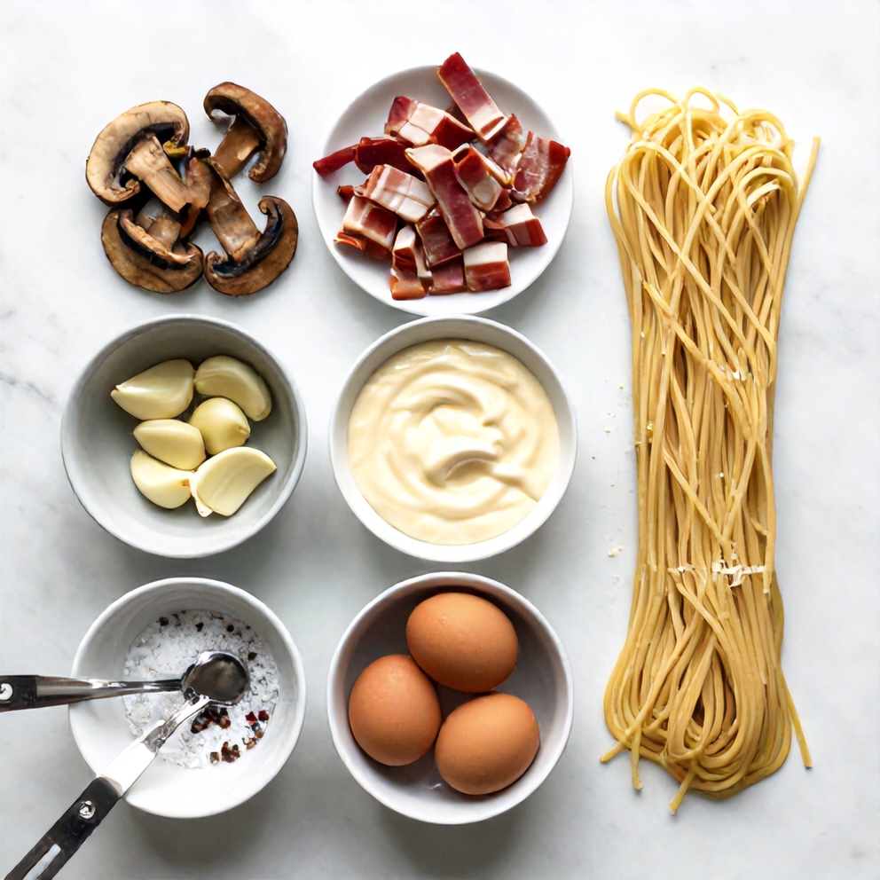 Raw ingredients for Creamy Italian Mushroom Carbonara in a flat lay