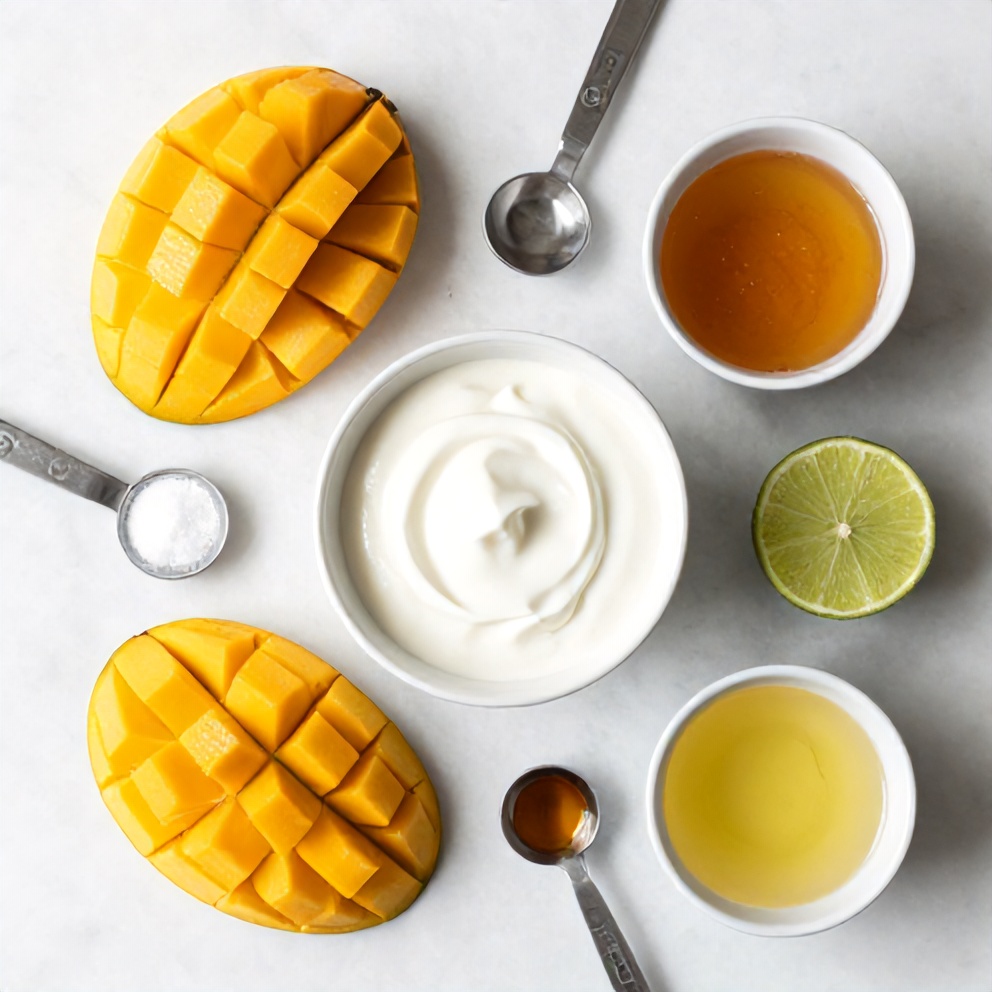 Raw ingredients for Mango Greek Yogurt Popsicles on a marble surface