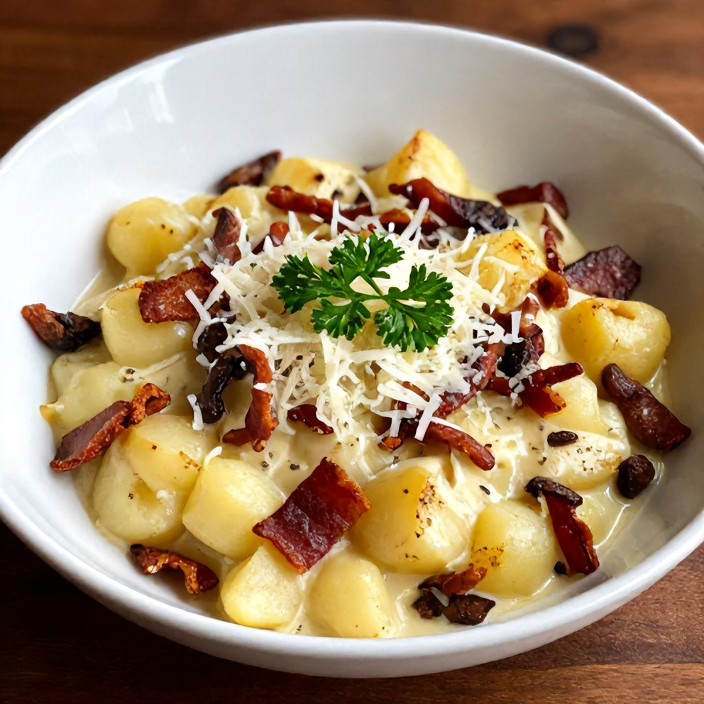 Plated Creamy Pancetta and Porcini Potato Gratin