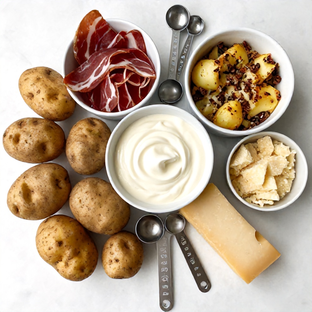 Raw Ingredients for Creamy Pancetta and Porcini Potato Gratin