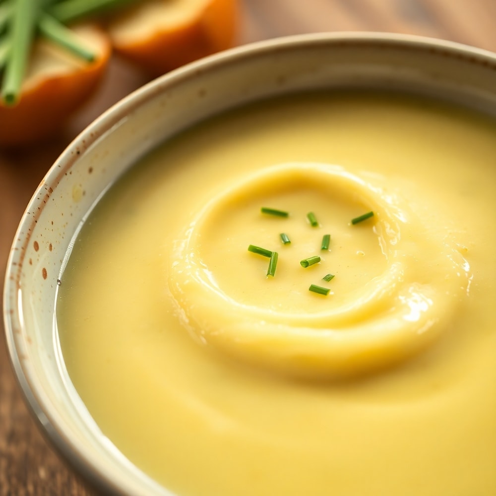 Bowl of creamy potato soup with a sprinkle of chives
