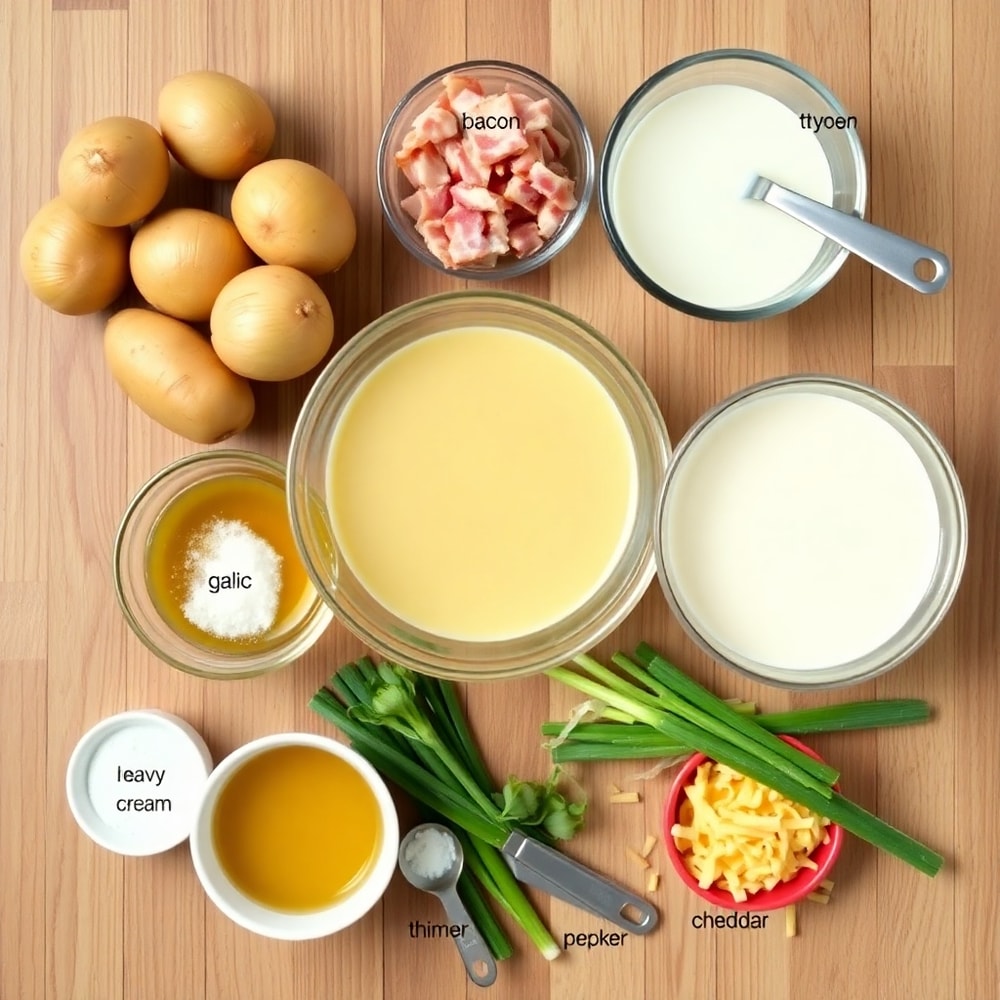Raw ingredients for creamy potato soup on a wooden surface
