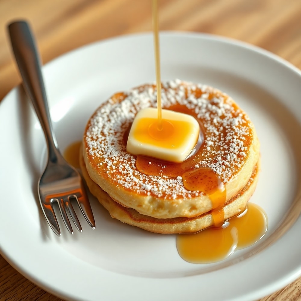 Plated Amish Cinnamon Flop with powdered sugar and syrup