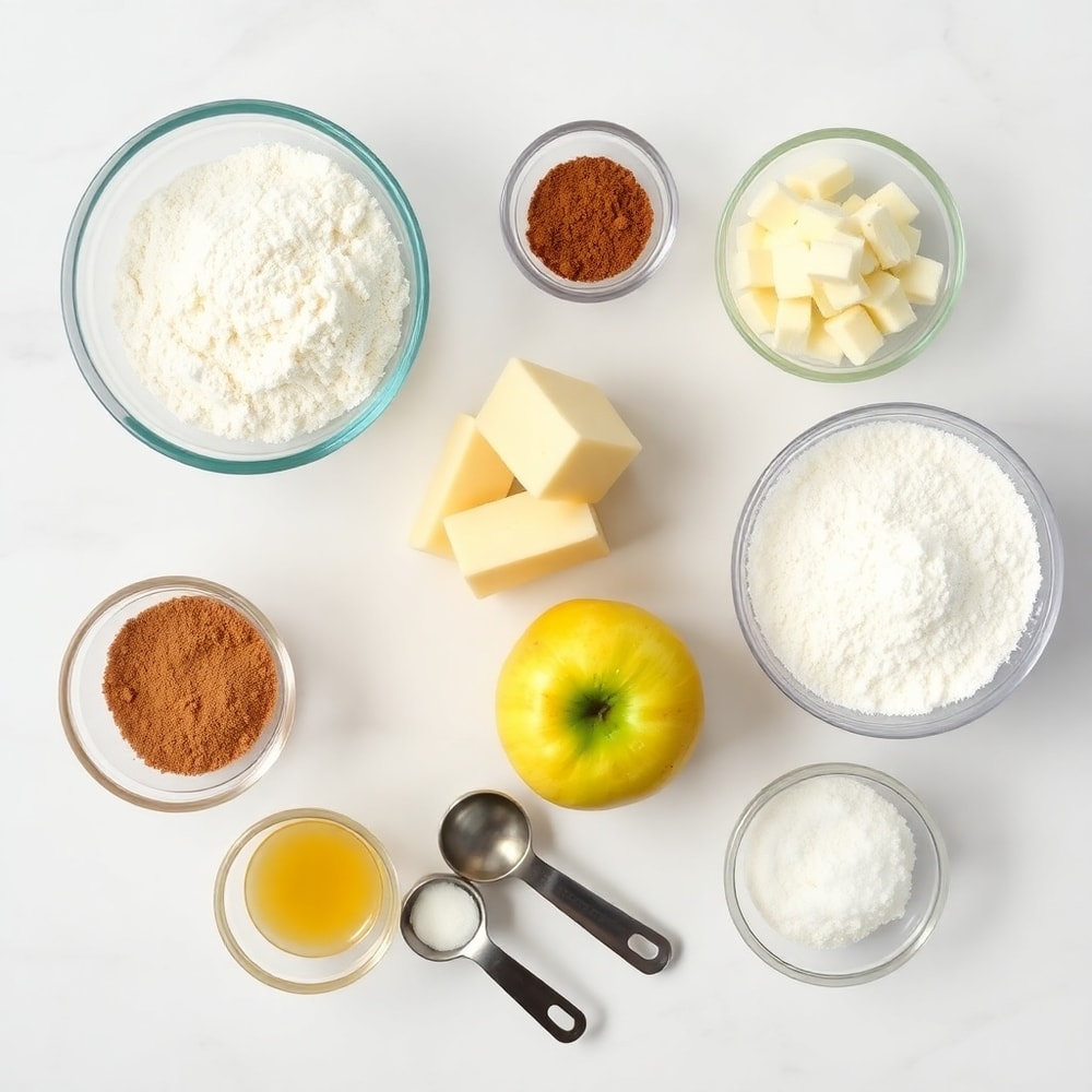 Raw ingredients for Apple Pie Bars on a marble counter
