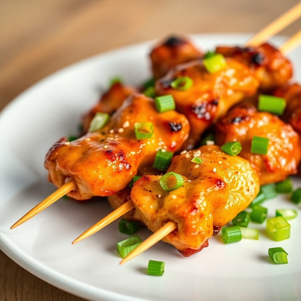 Plated Bang Bang Chicken Skewers with green onions