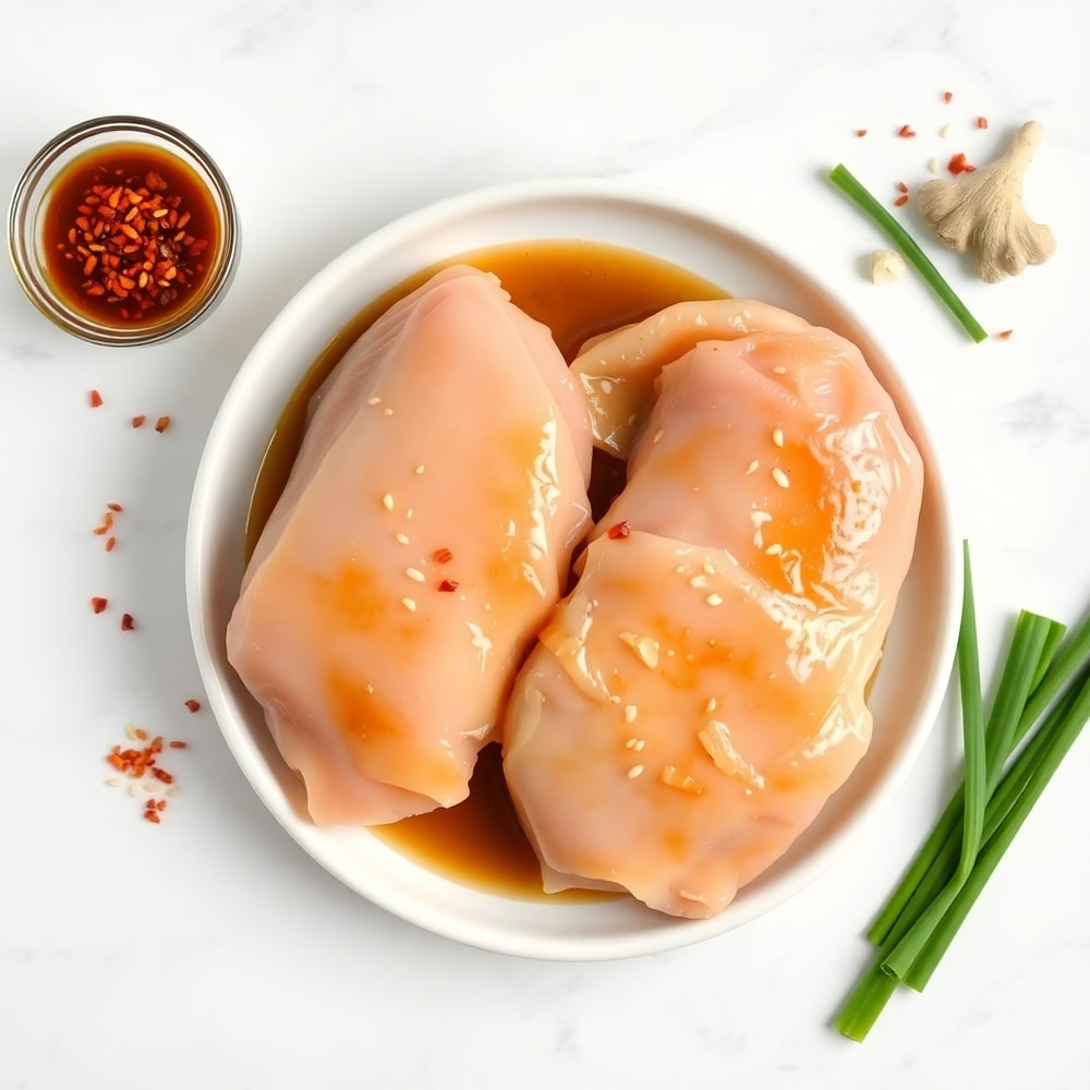 Bang Bang Chicken Skewers ingredients on a marble surface