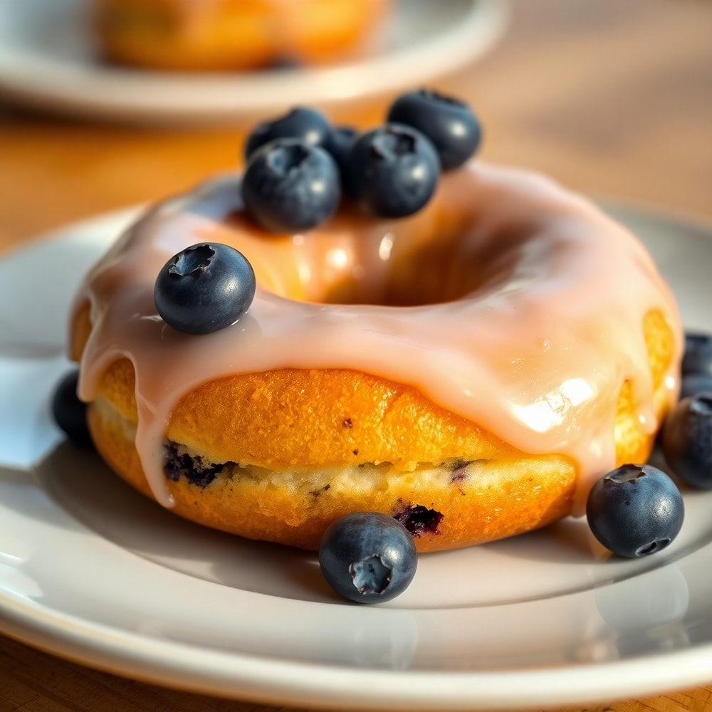 Plated blueberry cake donuts with glaze and fresh blueberries