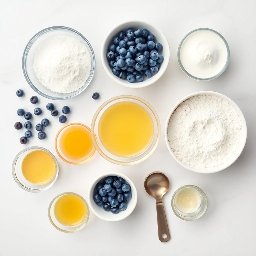 Blueberries, flour, sugar, eggs, and other ingredients for blueberry cake donuts