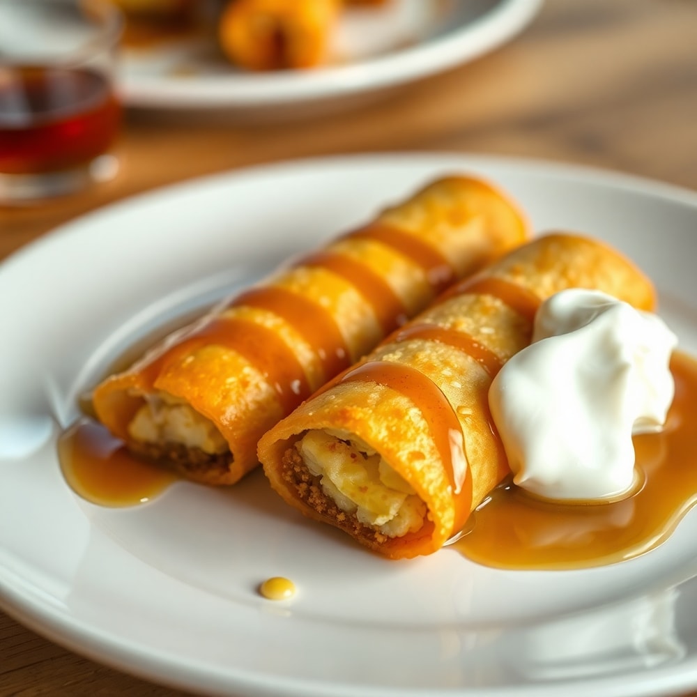 Plated Breakfast Egg Rolls with a side of syrup