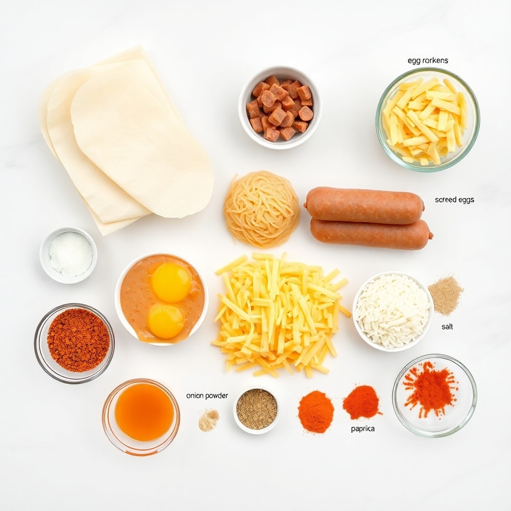 Breakfast Egg Rolls ingredients on a marble surface