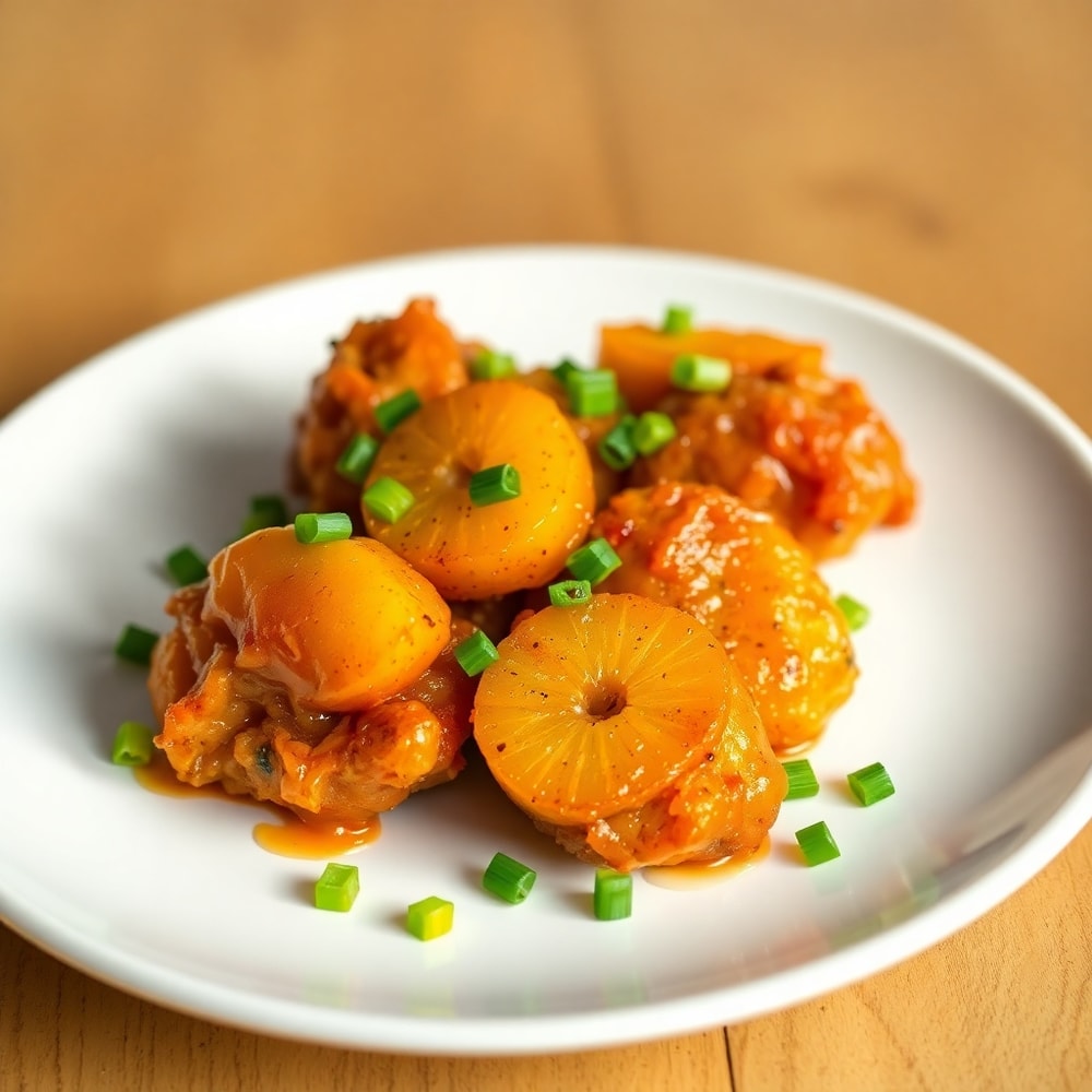 Plated Brown Sugar Pineapple Chicken with green onions
