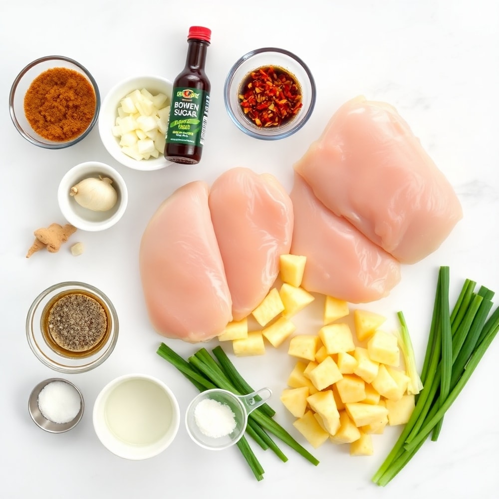 Raw ingredients for Brown Sugar Pineapple Chicken on a marble surface