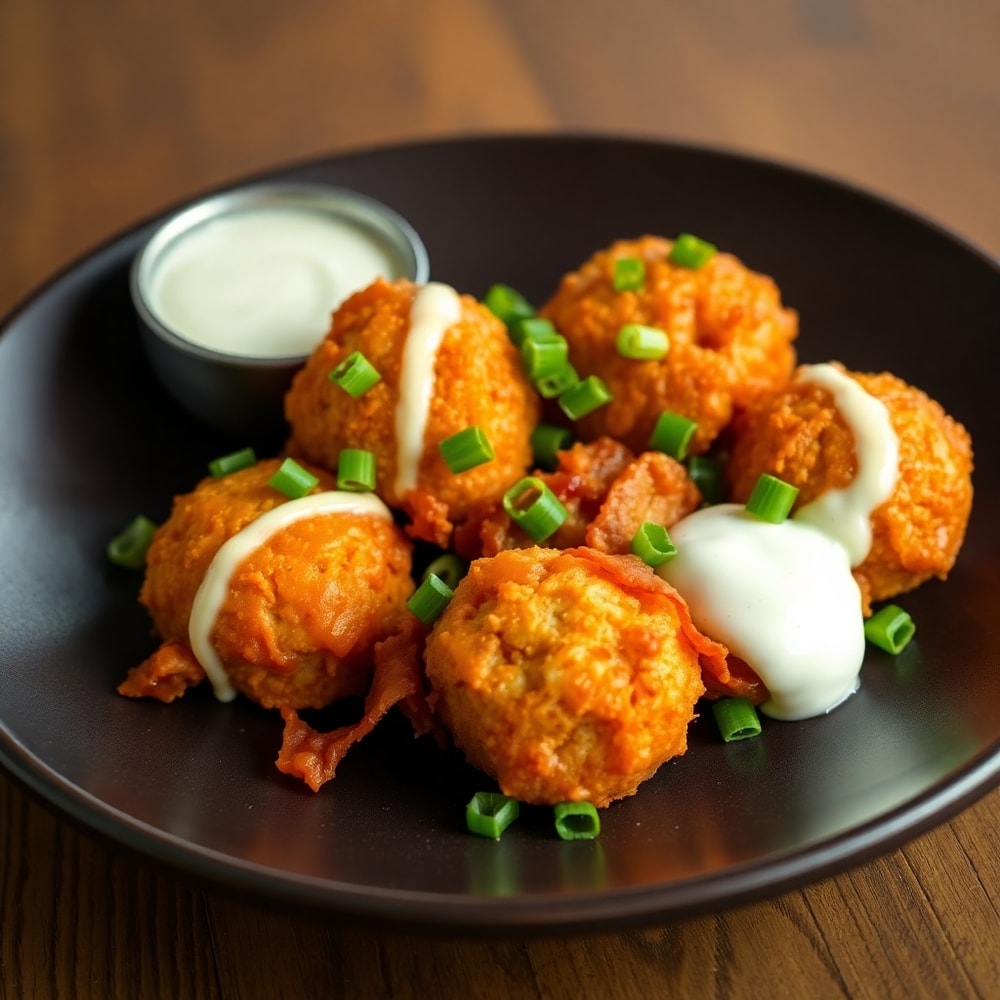 Plated Crispy Buffalo Chicken Bacon Mozzarella Bombs