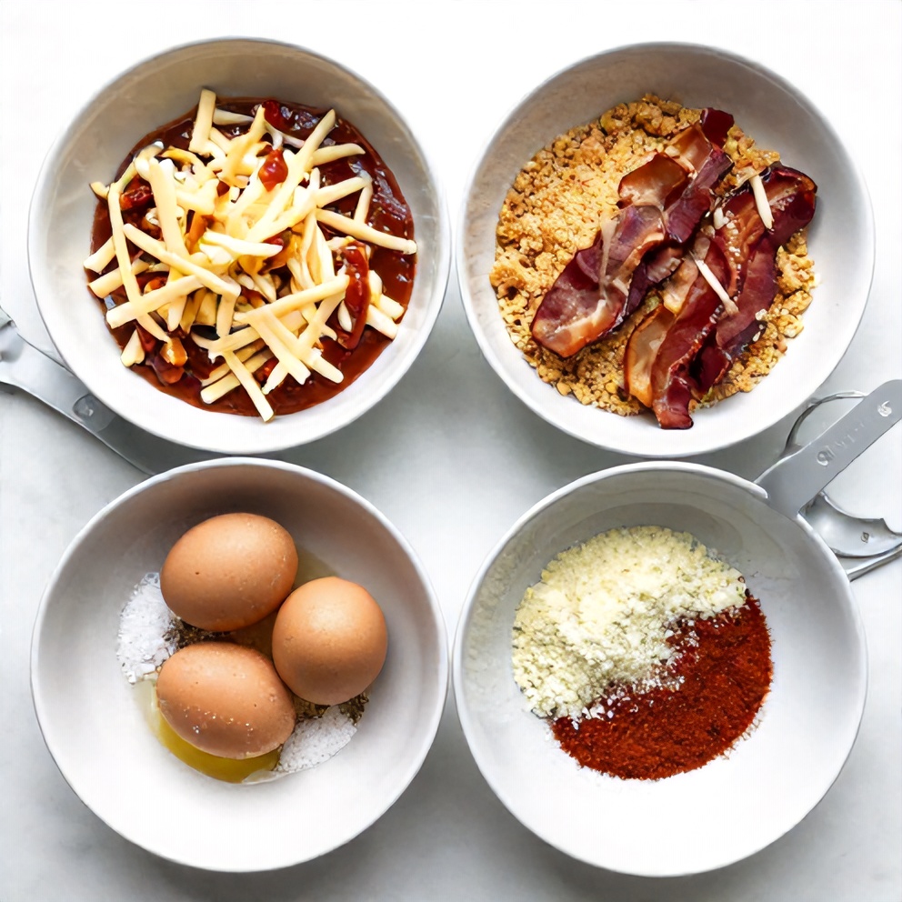 Raw ingredients for Crispy Buffalo Chicken Bacon Mozzarella Bombs
