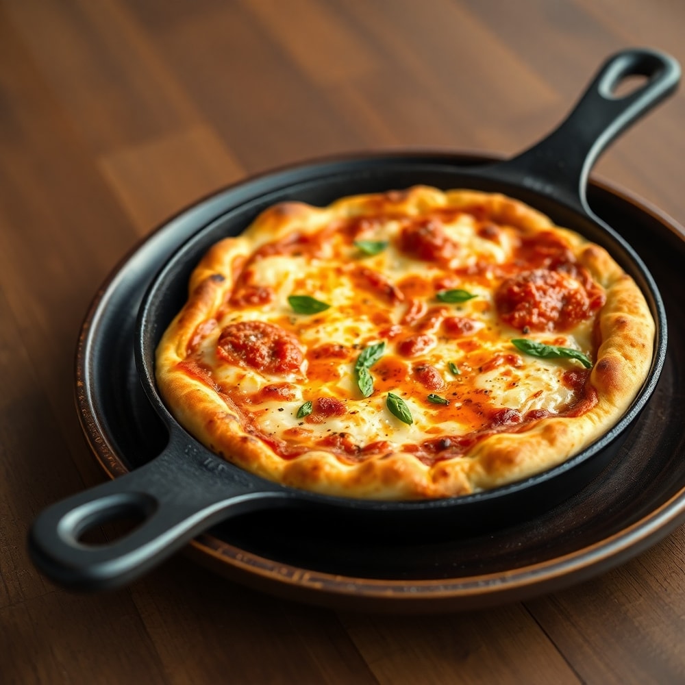 Close-up of Crispy Cast Iron Skillet Pizza on a wooden plate