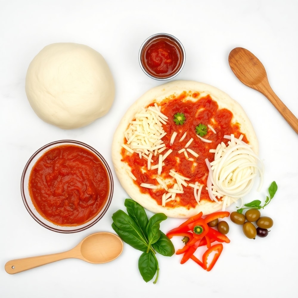 Raw ingredients for Crispy Cast Iron Skillet Pizza on marble surface