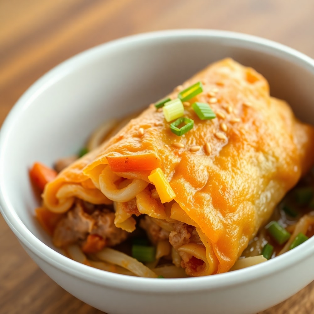Egg Roll in a Bowl plated on a white dish with green onions and sesame seeds
