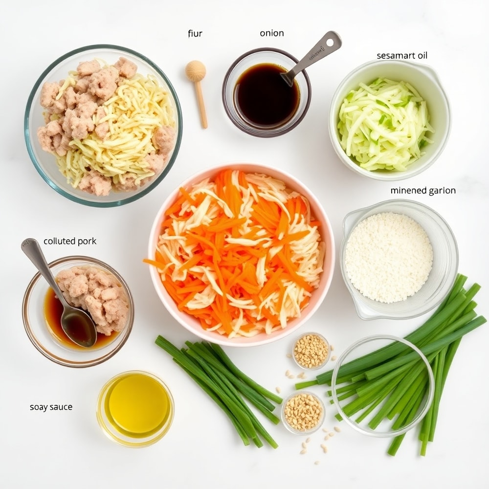 Raw ingredients for Egg Roll in a Bowl on a white marble surface