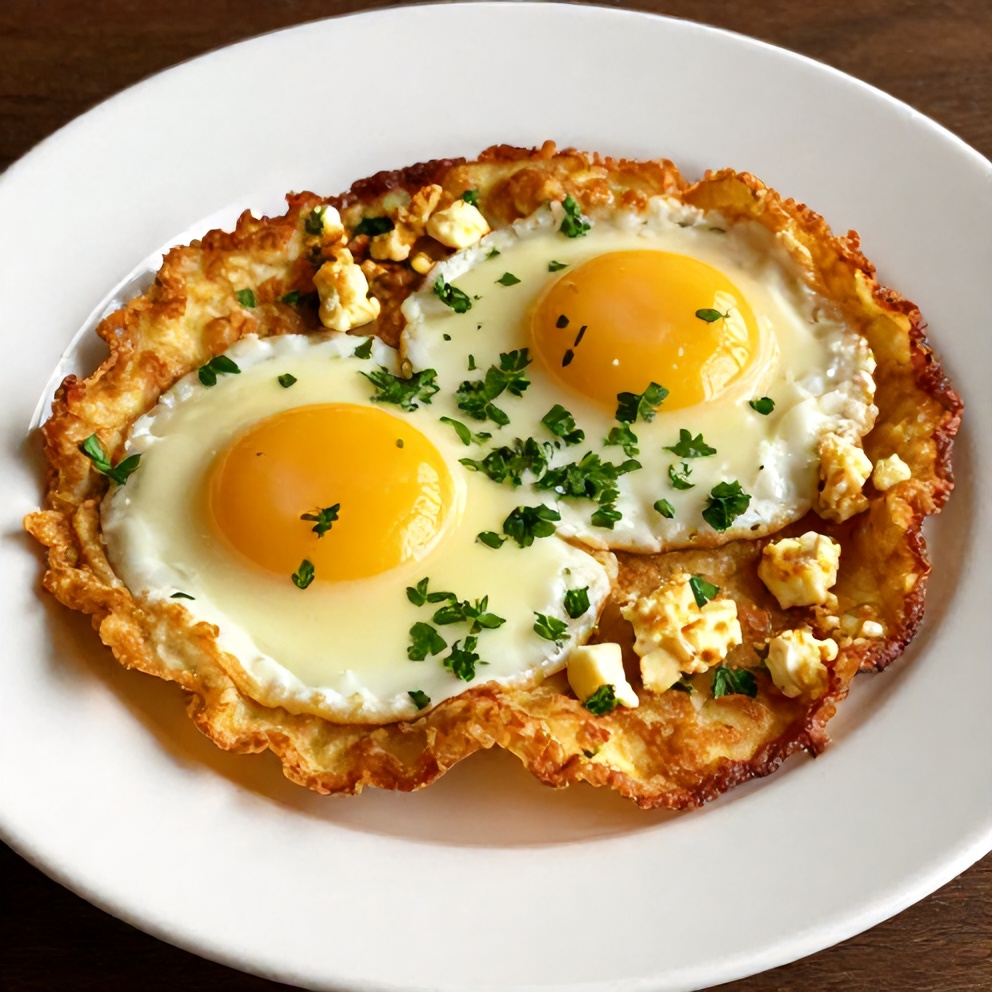 Plated Crispy Feta Fried Eggs with fresh parsley