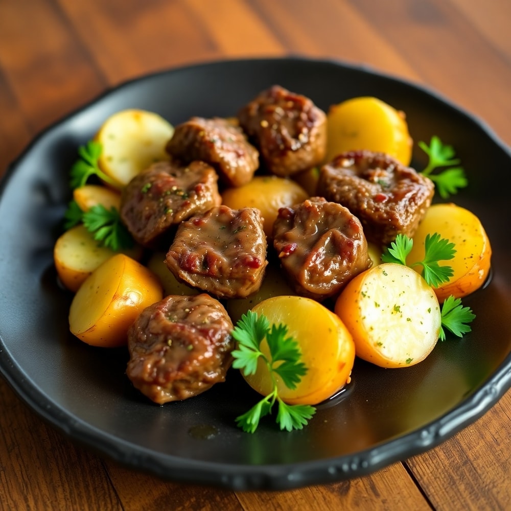 Plated Garlic Butter Steak Bites and Potatoes