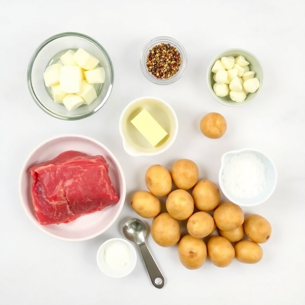 Raw ingredients for Garlic Butter Steak Bites and Potatoes