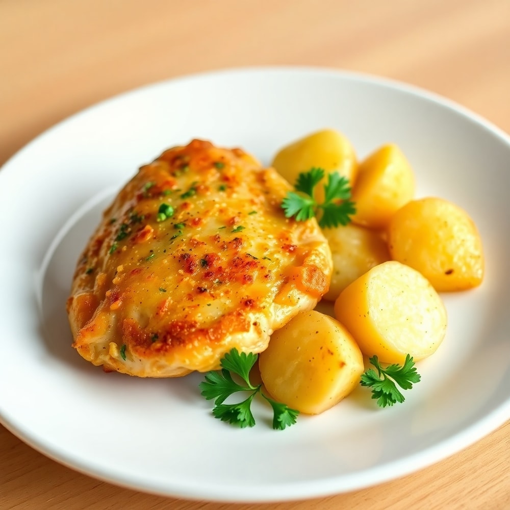 Plated Garlic Parmesan Chicken and Potatoes